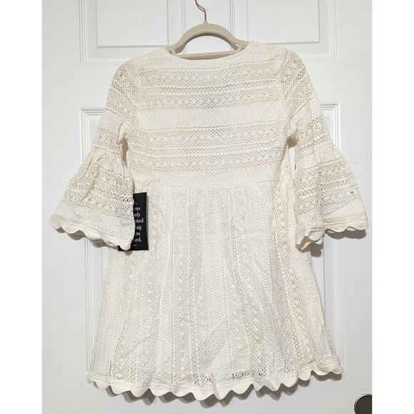 Pomander Place Tuckernuck Mini Dress Small Ivory Crochet Lace Bell Sleeve Boho - Picture 5 of 13